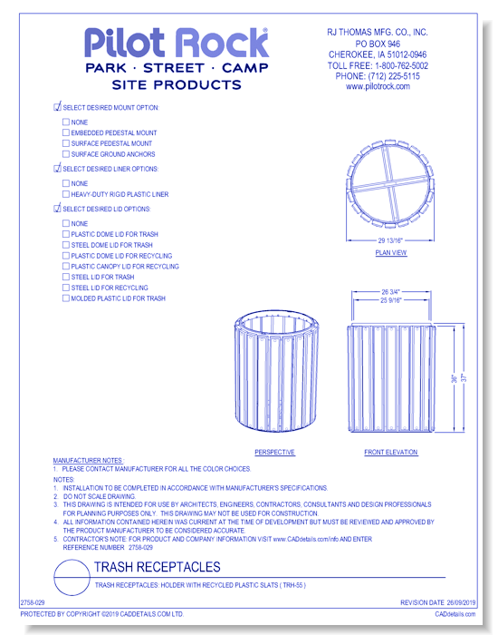 Trash Receptacles: Holder with Recycled Plastic Slats ( TRH-55 )