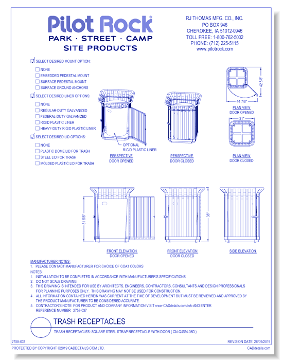 Trash Receptacles: Square Steel Strap Receptacle with Door ( CN-Q/SS4-36D )