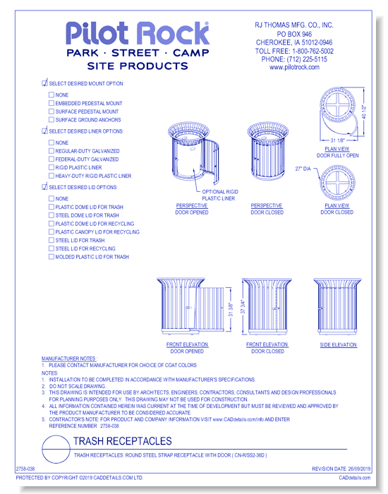Trash Receptacles: Round Steel Strap Receptacle with Door ( CN-R/SS2-36D )