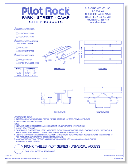 Picnic Table - WXT Series - Universal Access: Table w/ Lumber Top & Seat Planks