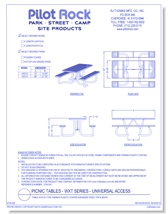 Picnic Table - WXT Series - Universal Access: Table w/ D-Type Thermo-plastic Coated Expanded Steel Top & Seats