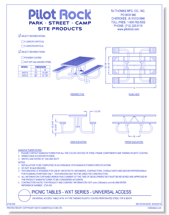 Picnic Table - WXT Series - Universal Access: Table w/ H-Type Thermo-plastic Coated Perforated Steel Top & Seats