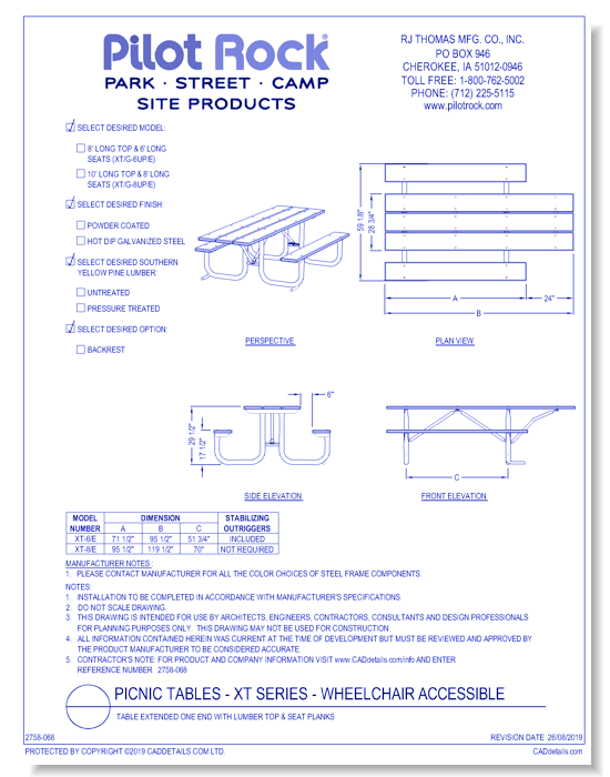 XT Series  - Wheelchair Accessible: Table Extended One End w/ Lumber Top & Seat Planks