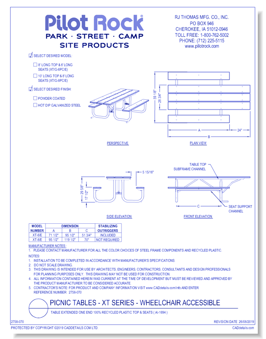 XT Series  - Wheelchair Accessible: Table Extended One End 100% Recycled Plastic Top & Seats