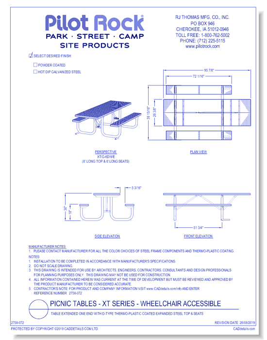 XT Series - Wheelchair Accessible: Table Extended One End w/ D-Type Thermo-plastic Coated Expanded Steel Top & Seats