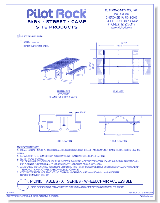 XT Series - Wheelchair Accessible: Table Extended One End w/ R-Type Thermo-plastic Coated Perforated Steel Top & Seats