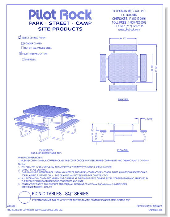 SQT Series:  Portable Square Tables w/ V-Type Thermo-plastic Coated Expanded Steel Seats & Top