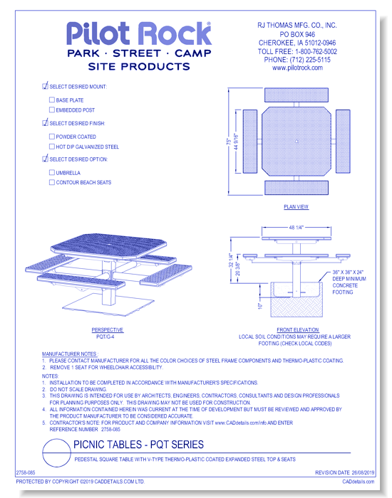 PQT Series: Pedestal Square Table w/ V-Type Thermo-plastic Coated Expanded Steel Top & Seats