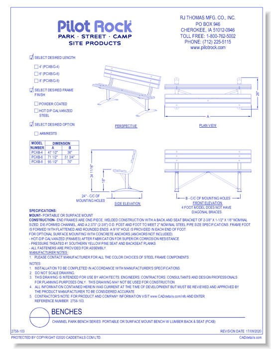 Channel Park Bench Series: Portable or Surface Mount Bench w/ Lumber Back & Seat (PCXB) 