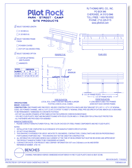 Channel Park Bench Series: Embedded Mount Bench w/ Recycled Plastic Back & Seat (SCXB)