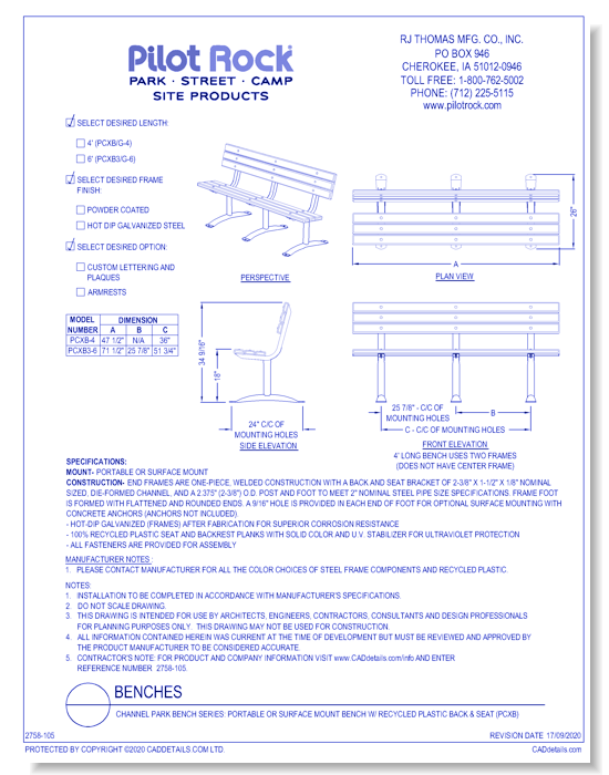Channel Park Bench Series: Portable or Surface Mount Bench w/ Recycled Plastic Back & Seat (PCXB)