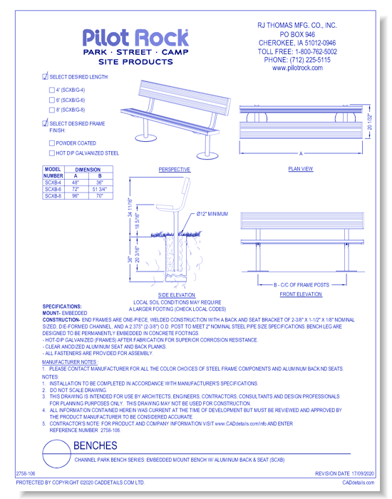Channel Park Bench Series: Embedded Mount Bench w/ Aluminum Back & Seat (SCXB)