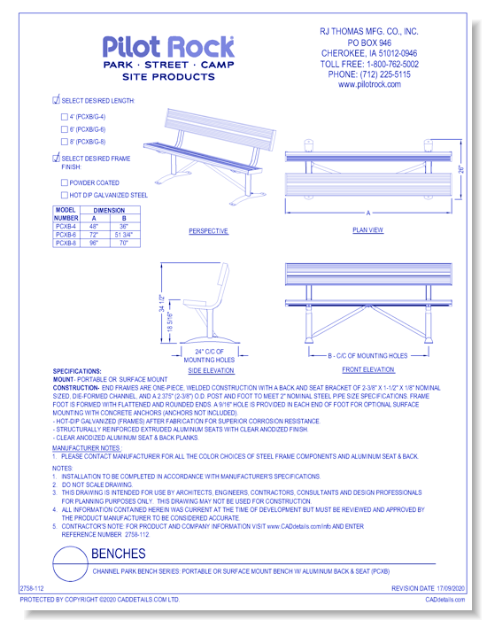 Channel Park Bench Series: Portable or Surface Mount Bench w/ Aluminum Back & Seat (PCXB)
