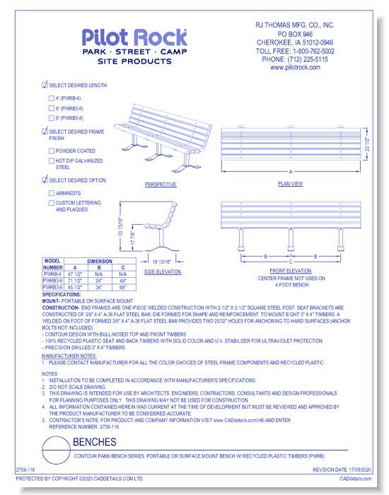 Contour Park Bench Series: Portable or Surface Mount Bench w/ Recycled Plastic Timbers (PWRB)