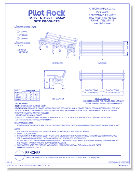 Gibraltar Series: Cast Aluminum Bench w/ Recycled Plastic Back & Seat Planks (GBA)