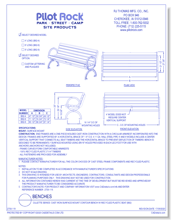 Gillette Series: Cast Iron Surface Mount Contour Bench w/ Recycled Plastic Seat (B82)