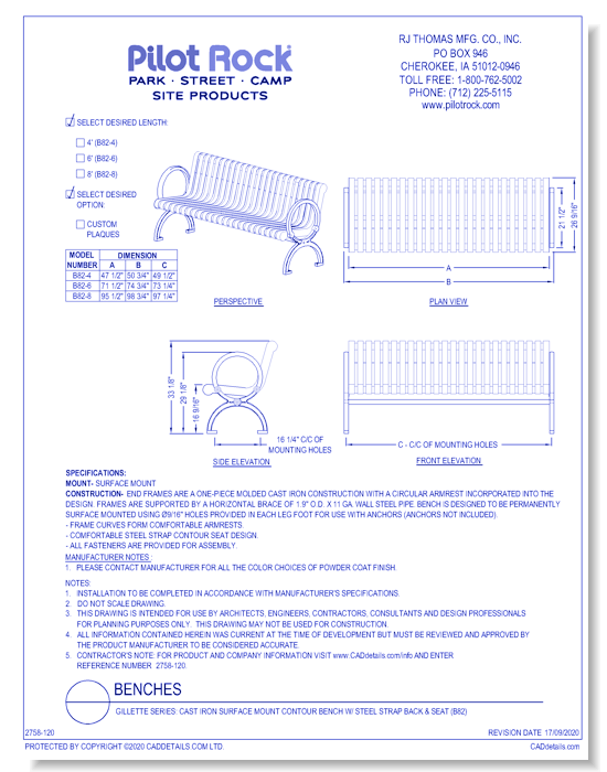 Gillette Series: Cast Iron Surface Mount Contour Bench w/ Steel Strap Back & Seats (B82)