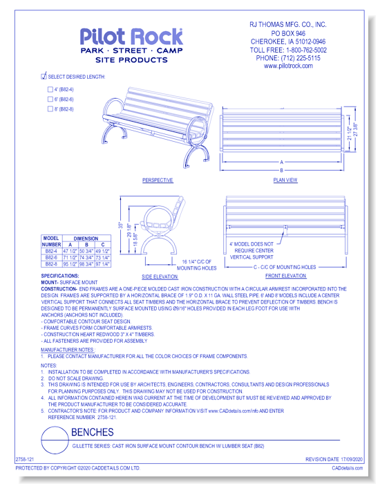 Gillette Series: Cast Iron Surface Mount Contour Bench w/ Lumber Seat (B82)
