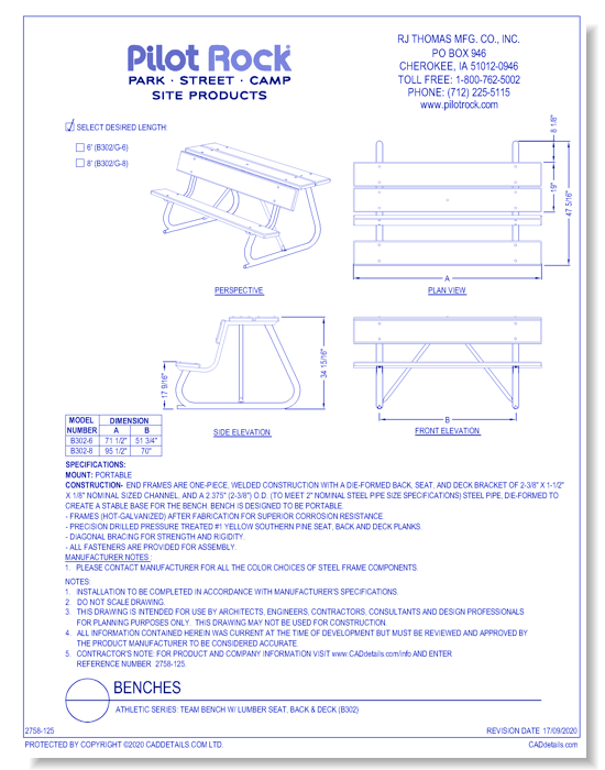 Athletic Series: Team Bench w/ Lumber Seat, Back & Deck (B302)