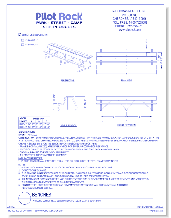 Athletic Series: Team Bench w/ Lumber Seat, Back & Deck (B303)