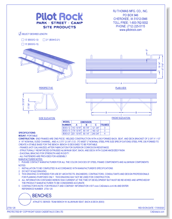 Athletic Series: Team Bench w/ Aluminum Seat, Back & Deck (B303) 
