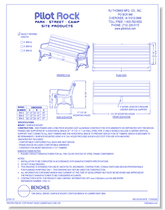 Oak Knoll Series: Surface Mount Contour Bench w/ Lumber Seat (B94)