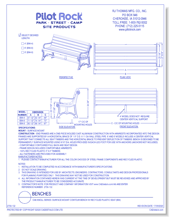Oak Knoll Series: Surface Mount Contour Bench w/ Recycled Plastic Seat (B94)