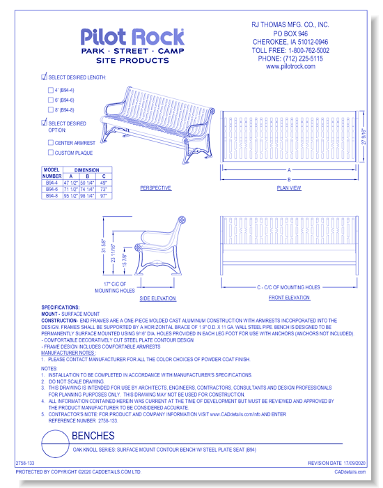 Oak Knoll Series: Surface Mount Contour Bench w/ Steel Plate Seat (B94)