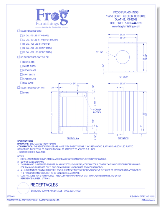 Standard Square Receptacle (20gl, 32gl, 55gl)