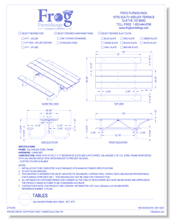 Galvanized Frame ADA Table (6ft, 8ft) - Frog Furnishings - CADdetails