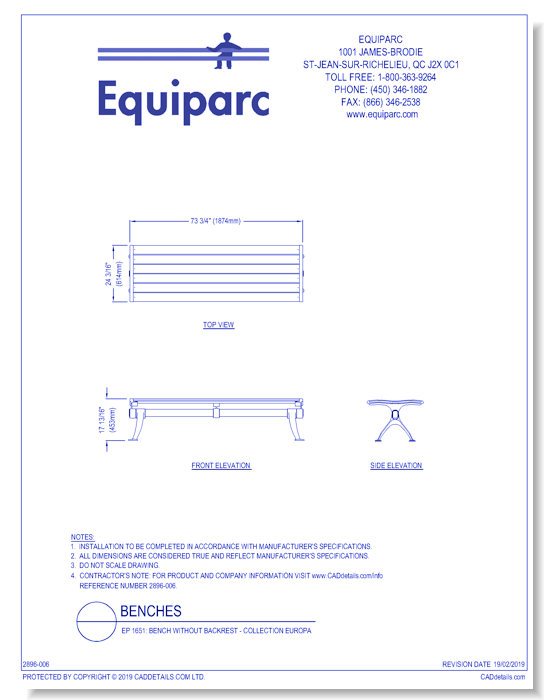 EP 1651: Bench Without Backrest - Collection Europa