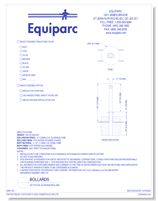 EP 7070-AG: Aluminum Bollard ; EP-7070-UG: Aluminum Bollard