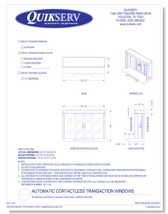 Bi-Parting Automatic Sliding Pass-Thru Window (PW-54E)