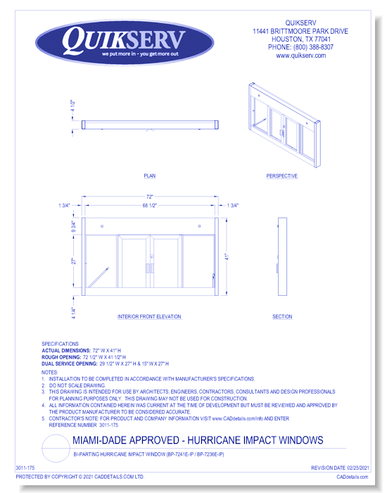 Bi-Parting Hurricane Impact Window (BP-7241E-IP / BP-7236E-IP)