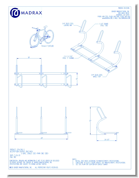 Sentry Bike Rack: 3 Bike, Single Side (Park One Side)