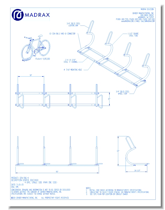 Sentry Bike Rack: 4 Bike, Single Side (Park One Side)