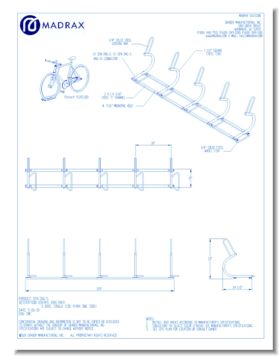 Sentry Bike Rack: 5 Bike, Single Side (Park One Side)