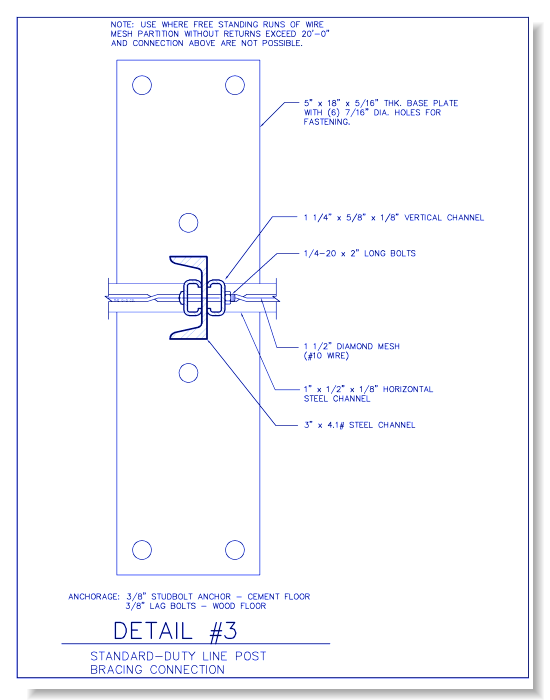 Standard-Duty Wire Mesh Partition - Line Post Bracing Connection