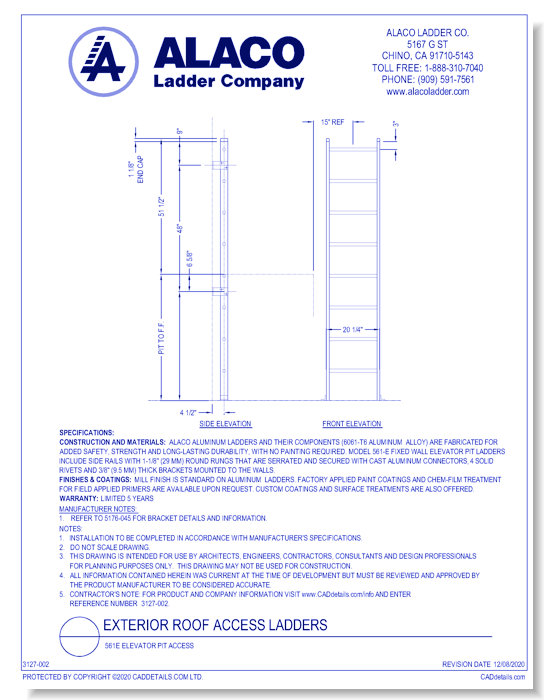 Exterior Roof Access Ladder: 561E Elevator Pit Access
