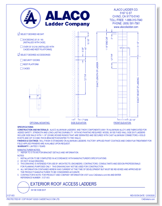 Exterior Roof Access Ladder: 561SE Side Exit