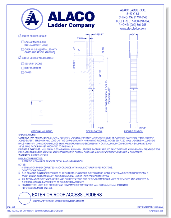 Exterior Roof Access Ladder: 564 Parapet Return with Crossover Platform