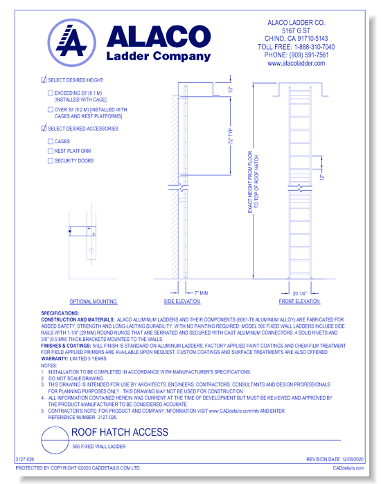 Roof Hatch Access: 560 Fixed Wall Ladder