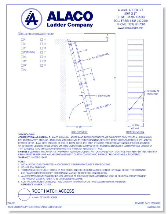 Roof Hatch Access: H1000 – 75° Ships Ladder