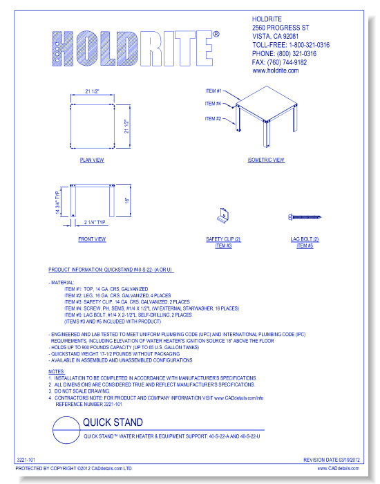 QUICK STAND™ Water Heater & Equipment Support: 40-S-22-A and 40-S-22-U