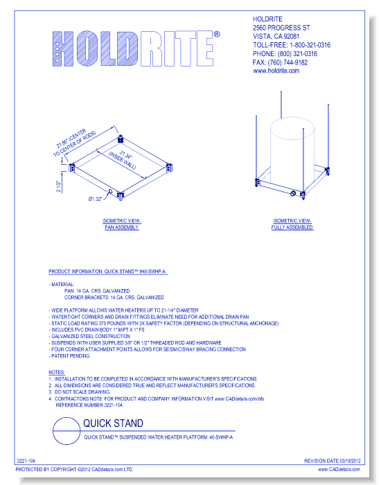 QUICK STAND™ Suspended Water Heater Platform: 40-SWHP-A