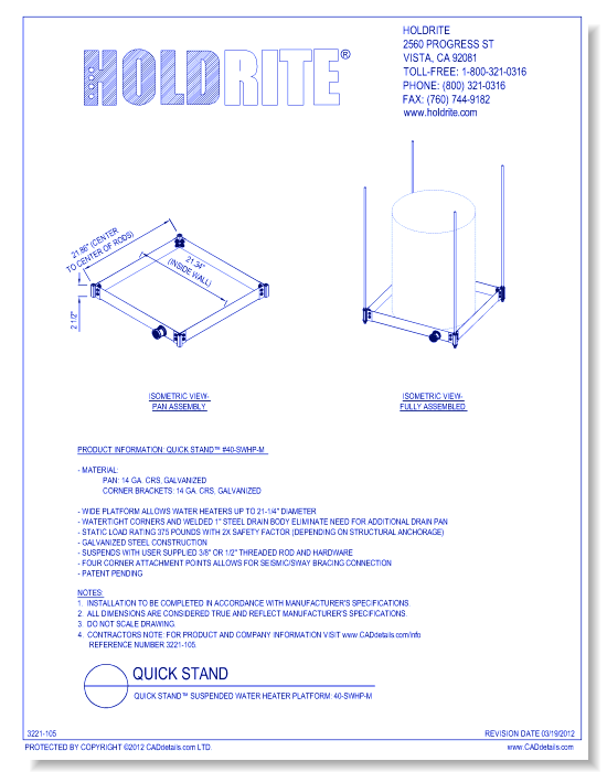 QUICK STAND™ Suspended Water Heater Platform: 40-SWHP-M