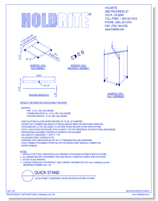 QUICK STAND™ Suspended Water Heater Platform: 50-SWHP