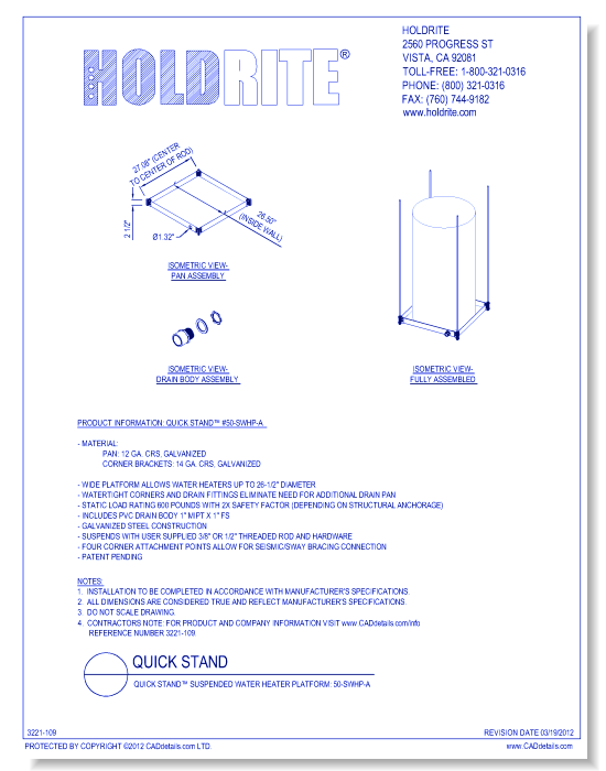 QUICK STAND™ Suspended Water Heater Platform: 50-SWHP-A