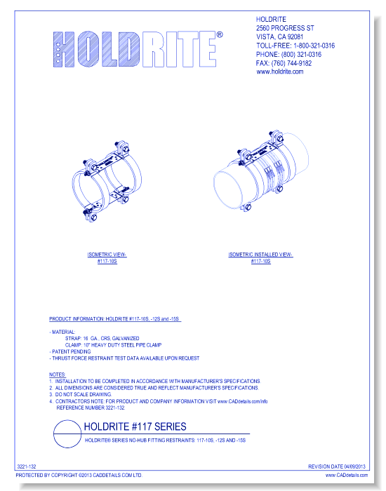 HOLDRITE® Series No-Hub Fitting Restraints: 117-10S, -12S and -15S