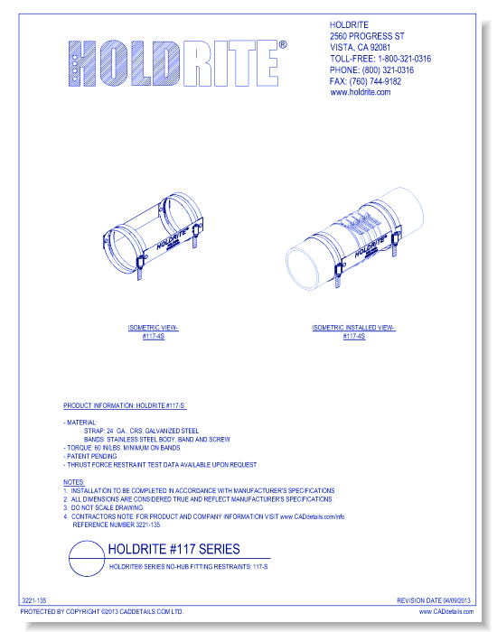 HOLDRITE® Series No-Hub Fitting Restraints: 117-S